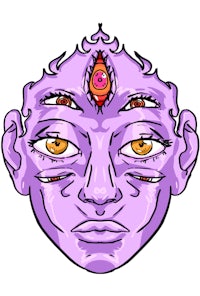 a purple face with eyes and horns